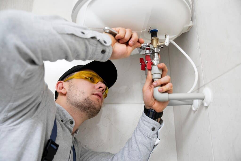 A plumber repairing a water heater, ensuring optimal plumbing and water system performance.